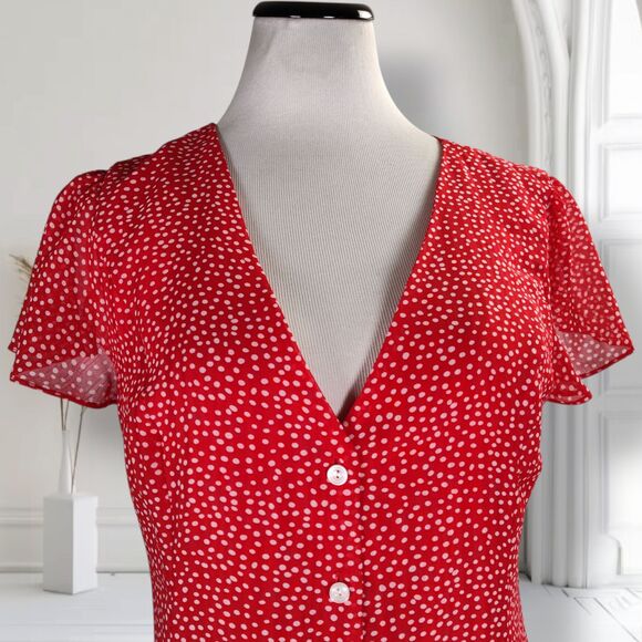 Aqua Button Front Mini Dress Size L Polka Dot Fit Flare Skater Flutter Sleeve - Picture 3 of 14